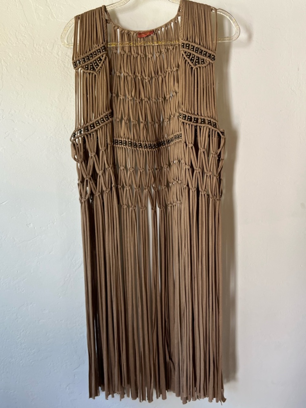 SCULLY Macramé Beaded Long Fringe Vest, One Size